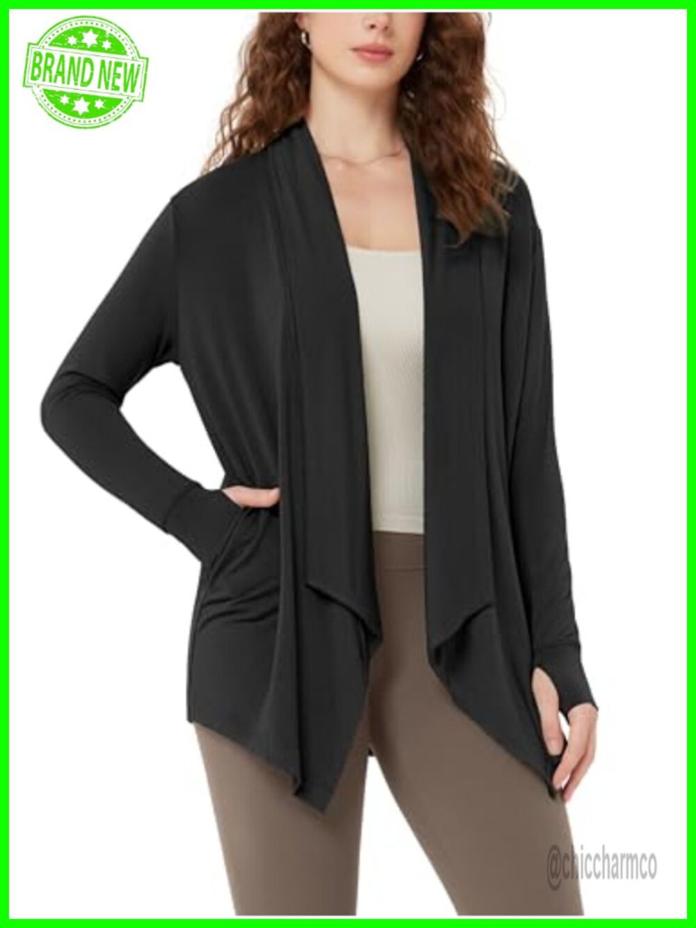 Women's Open Front Drape Cardigan Rayon Spandex Thumb Hole Pockets Wrap